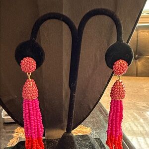 Baublebar  glass seed bead fringe earrings  gold tone, hot pink, and red pierced